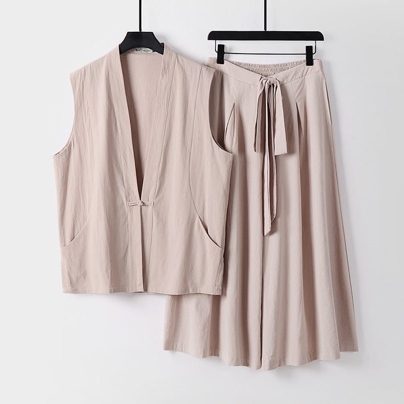 Damen Ärmelloses Kimono-Loungewear-Set aus leichtem Viskose-Leinen mit Bindeweste und weiten Palazzo-Hose Shop Nory
