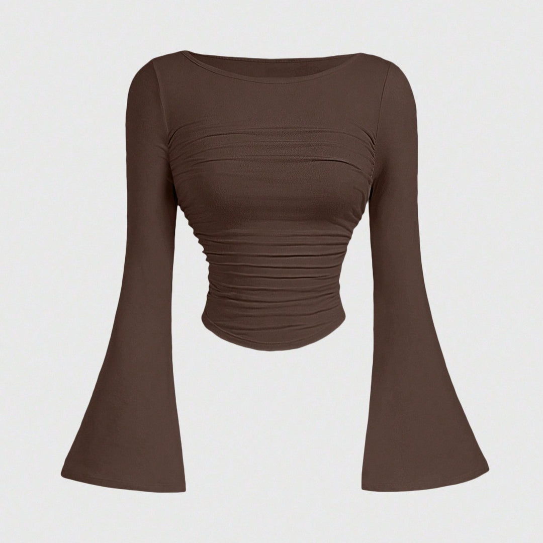 Damen Figurbetontes Langarmshirt mit Carmenausschnitt, gerafftem Rumpf und Trompetenärmeln Shop Nory