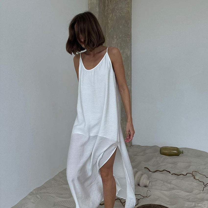 Damen Elegantes Satin-Maxikleid mit hauchdünnen Spaghettiträgern Shopnory