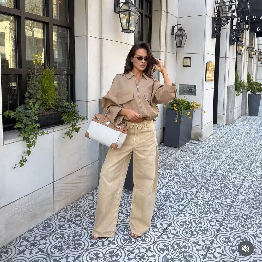 Damen Boxy Cropped Utility-Jacke mit Reißverschluss Pattentaschen und elastischem Saum Shop Nory