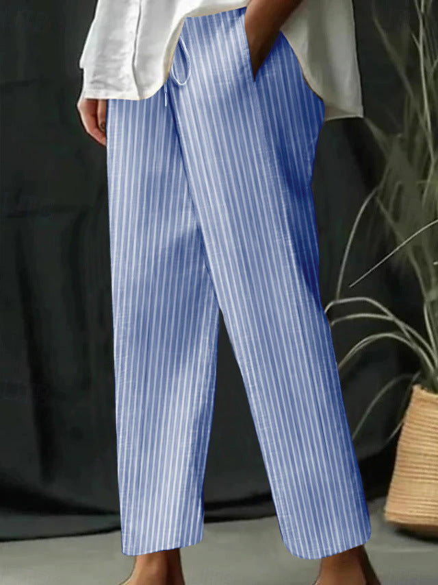 Damen gestreifte Leinen-Optik-Hose mit hohem Bund, Kordelzug und geradem, cropped Schnitt Shop Nory