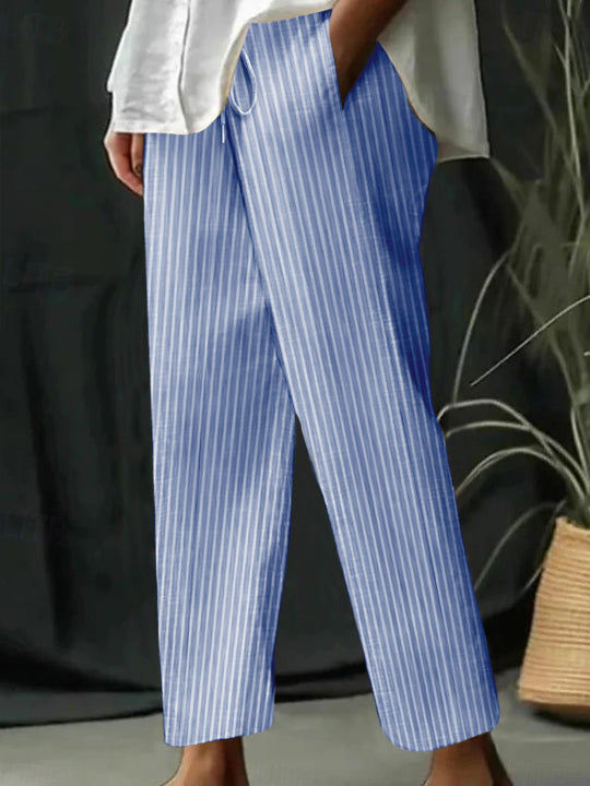 Damen gestreifte Leinen-Optik-Hose mit hohem Bund, Kordelzug und geradem, cropped Schnitt Shop Nory