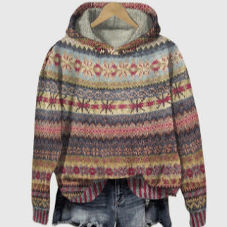 Damen nan oversized Strickkapuzenpullover mit Norwegermuster, gefütterter Kapuze und gerippten Bündchen Shop Nory