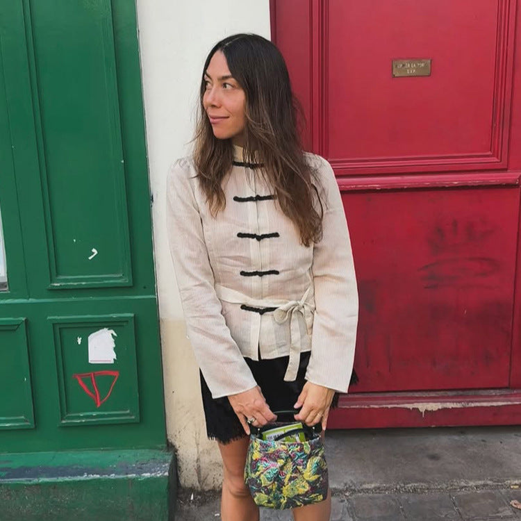 Damen Chinesisch-inspirierte Cordjacke mit Stehkragen, Froschverschlüssen & Taillengürtel Shop Nory