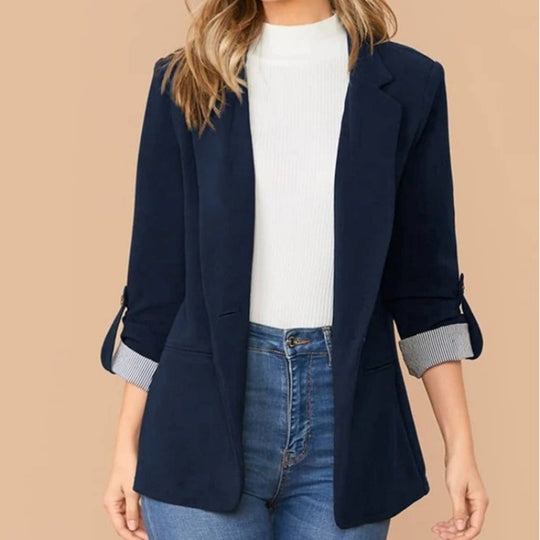 Damen schmal geschnittener Blazer mit Dreiviertelärmeln und umgeschlagenen Manschetten Shop Nory