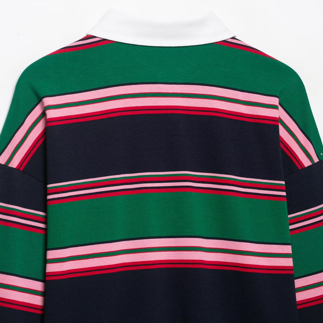 Damen Oversize Rugby-Poloshirt mit weißem Kentkragen und breiten Querstreifen Shop Nory