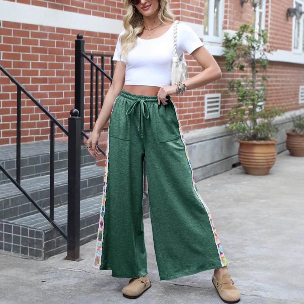 Damen weite Jersey-Hose mit hohem Gummibund, Kordelzug und gehäkeltem Seitenstreifen Shop Nory