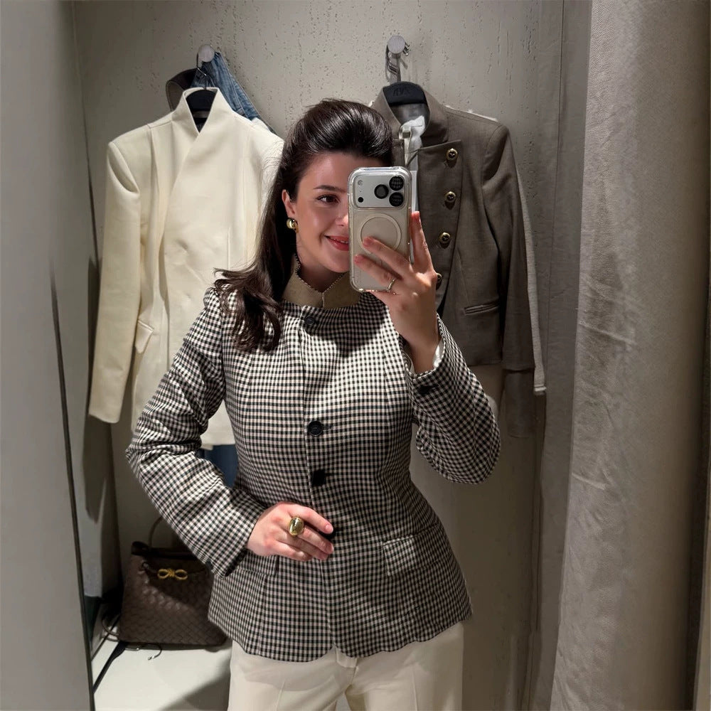 Damen Taillierter Kurzblazer im Vichy-Karo mit Stehkragen und geschwungenem Saum Shop Nory