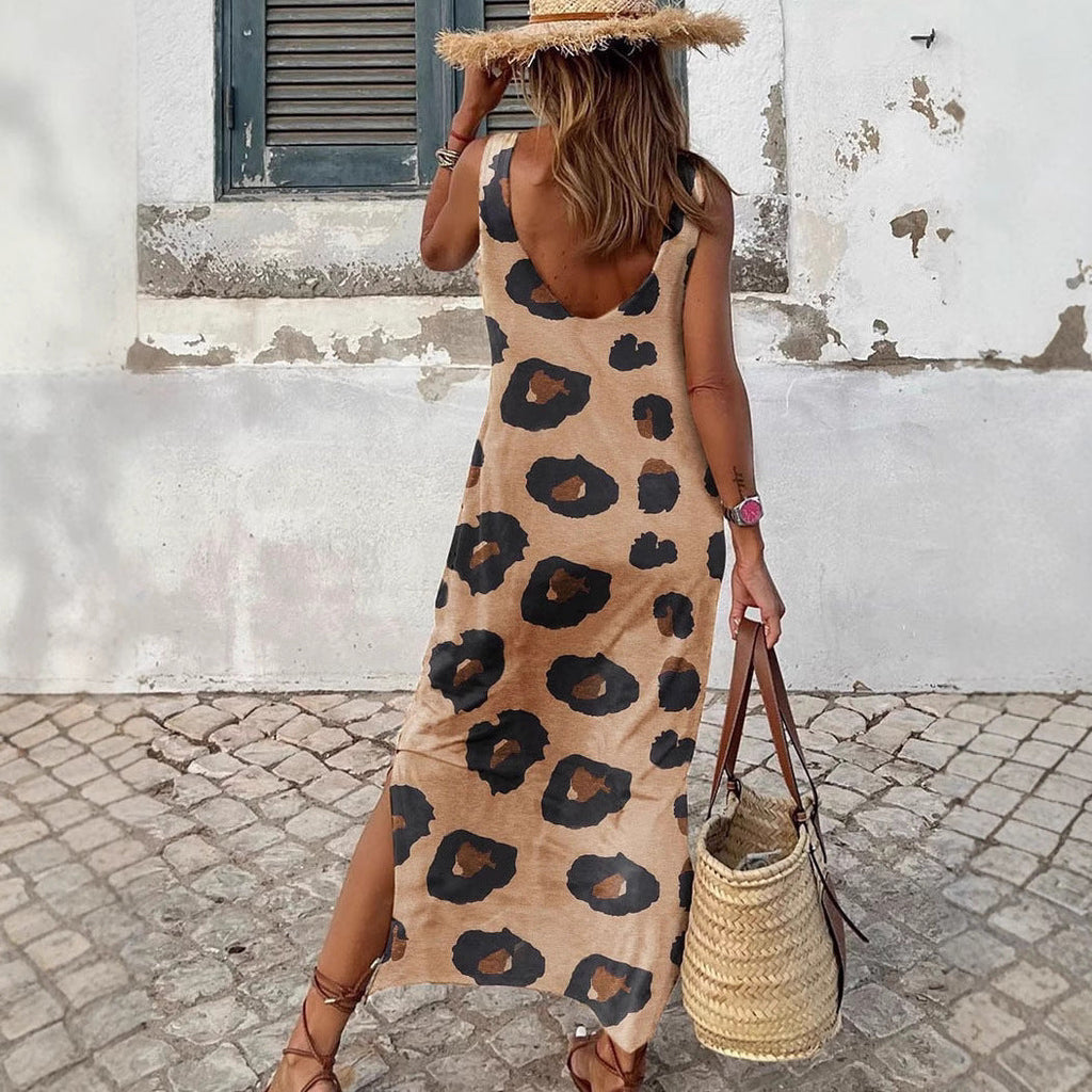 Damen Maxikleid mit modernem Leopardenmuster und ärmellosem Design
