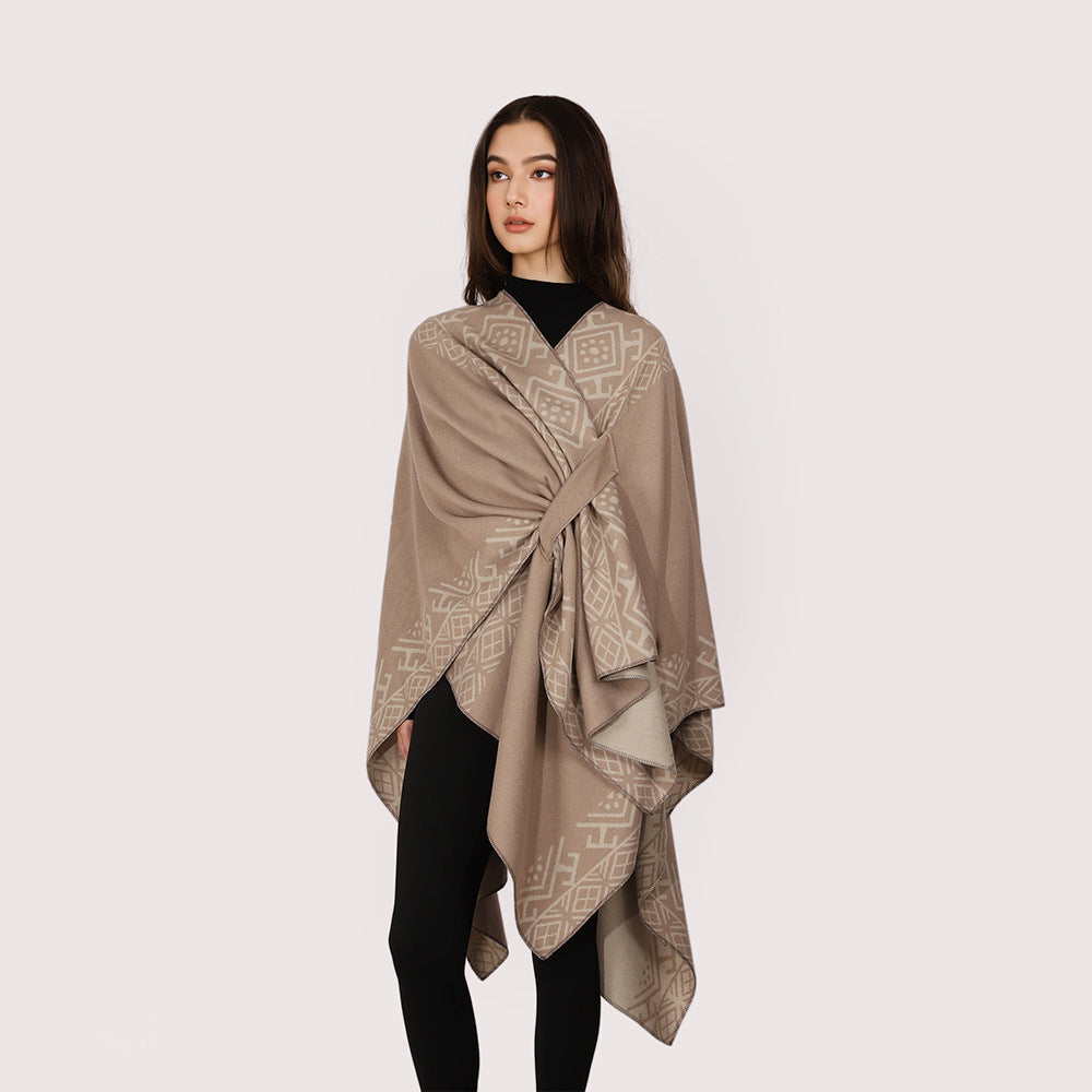 Damen Reversibler Wollmix-Cape mit Bindeschlaufe und feinem Jacquardmuster Shop Nory