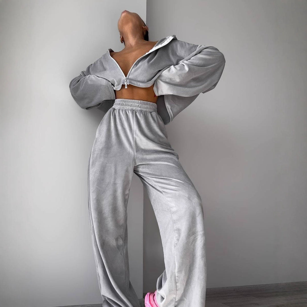 Damen kurzes Samt-Cropped-Zipshirt mit weitem High‑Waist Palazzo‑Hose Zweiteiler Shop Nory