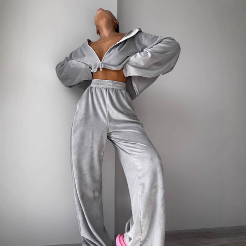 Damen kurzes Samt-Cropped-Zipshirt mit weitem High‑Waist Palazzo‑Hose Zweiteiler Shop Nory
