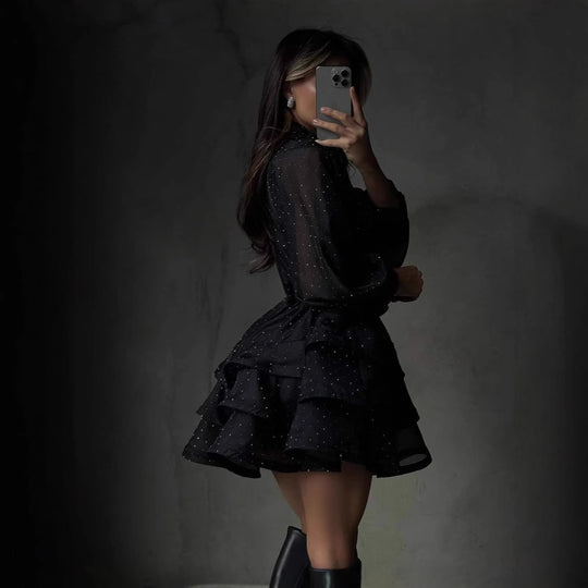 Damen Transparentes Volant-Minikleid mit Hemdblusenkragen, Ballonärmeln und Taillengürtel Shop Nory