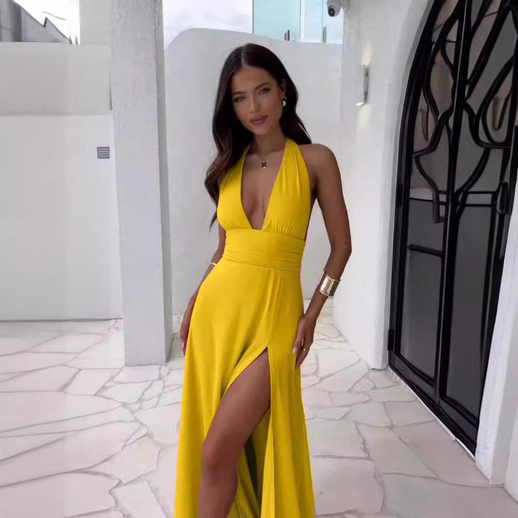 Damen Elegantes Maxikleid mit tiefem V-Ausschnitt und hochgeschnittener Seite