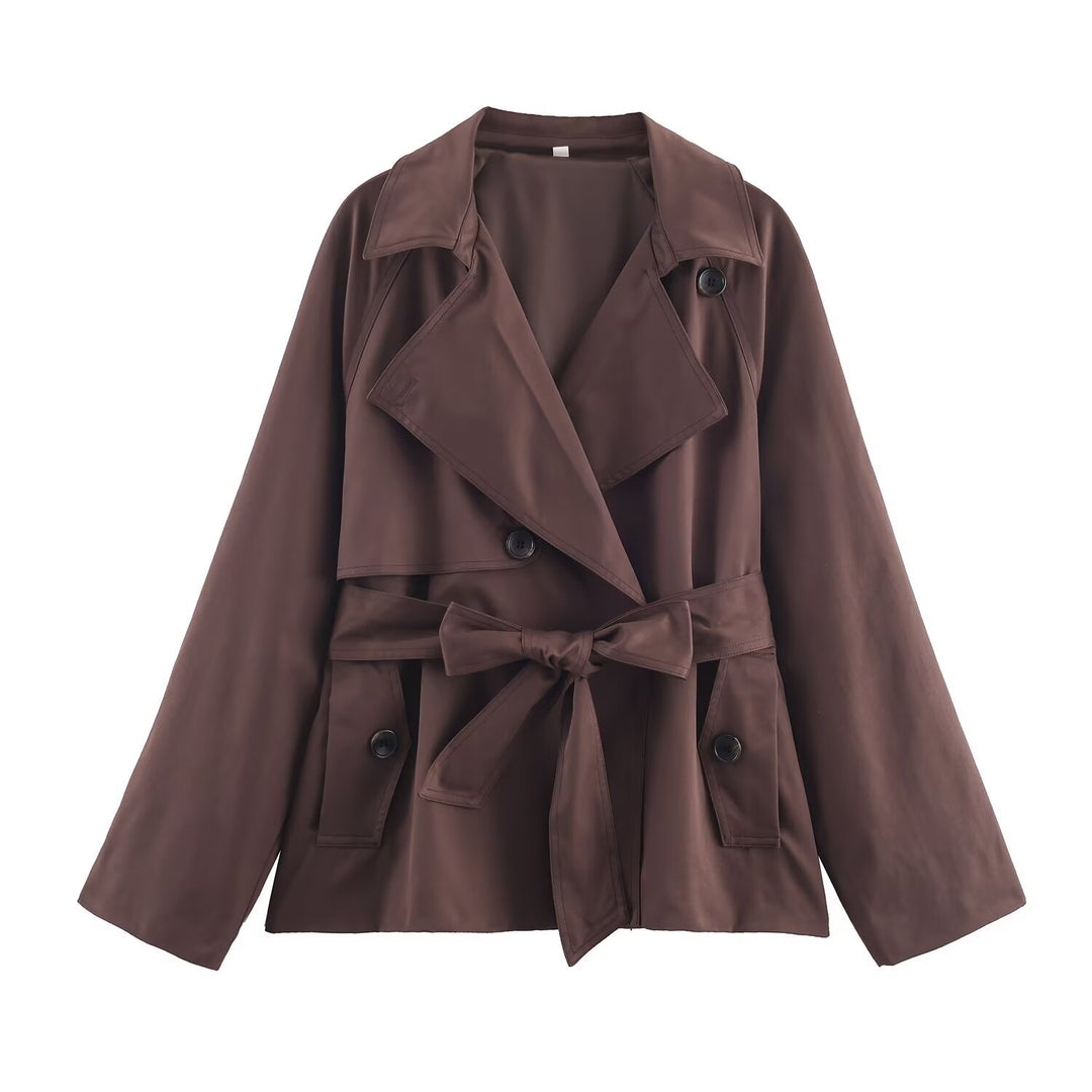 Damen Gekürzte Taillengürtel-Trenchjacke mit breitem Revers und Pattentaschen Shop Nory