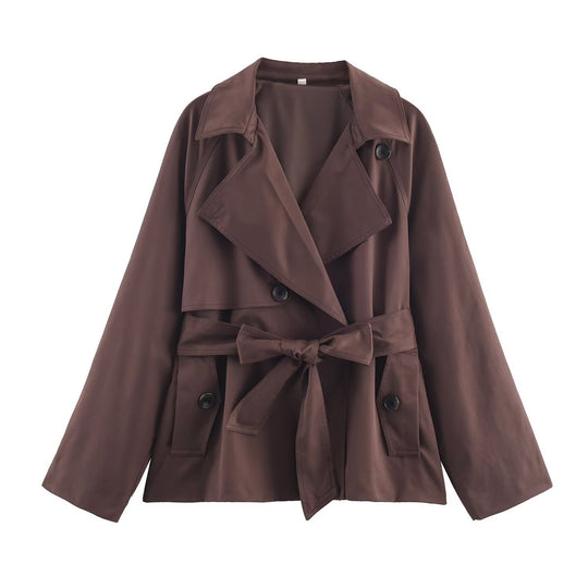 Damen Gekürzte Taillengürtel-Trenchjacke mit breitem Revers und Pattentaschen Shop Nory