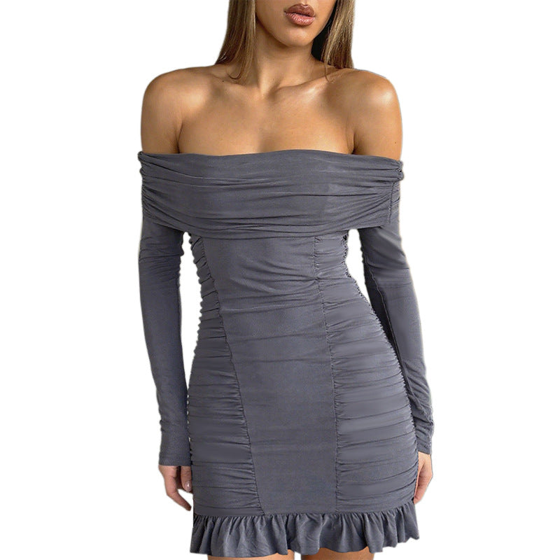 Damen Schulterfreies tailliertes Rüschen-Minikleid mit langen Ärmeln Shop Nory