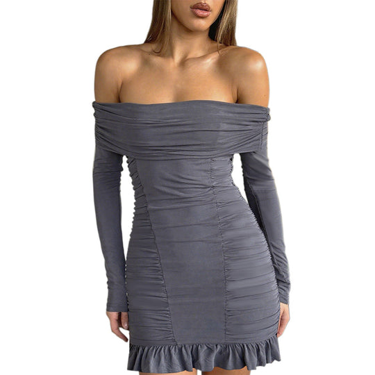 Damen Schulterfreies tailliertes Rüschen-Minikleid mit langen Ärmeln Shop Nory
