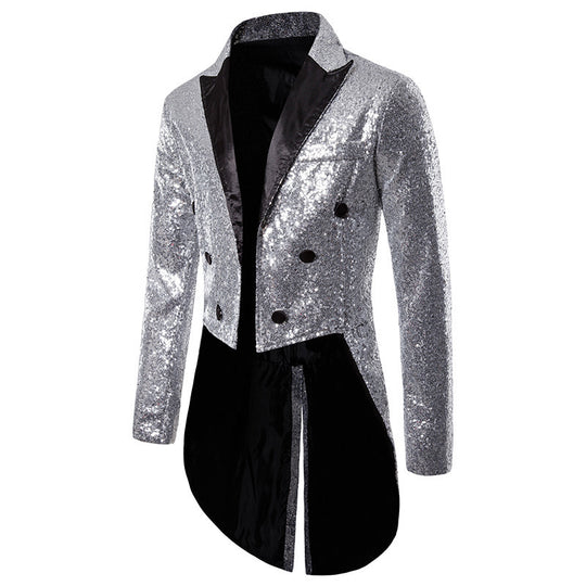 Herren geglitterter Frack mit spitzem Satinrevers, Doppelreiher und verlängertem Schwalbenschwanz Shop Nory