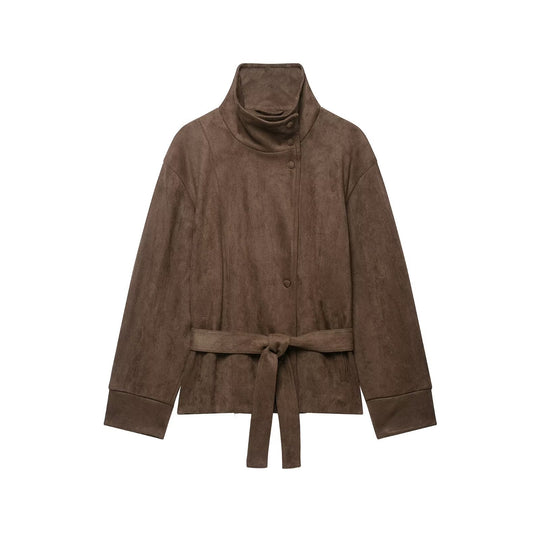 Damen Kurze Velourslederjacke mit hohem Stehkragen und Bindegürtel Shop Nory