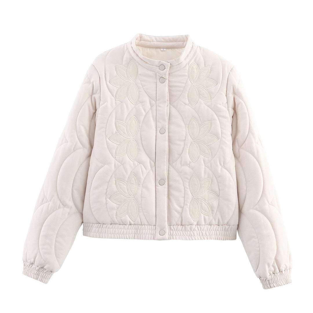 Damen Kurzer gesteppter Blouson mit floraler Stepp-Applikation, Stehkragen und elastischem Bund Shop Nory