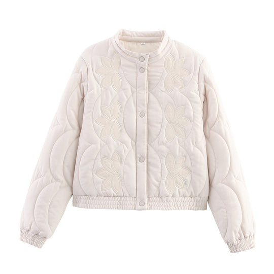 Damen Kurzer gesteppter Blouson mit floraler Stepp-Applikation, Stehkragen und elastischem Bund Shop Nory