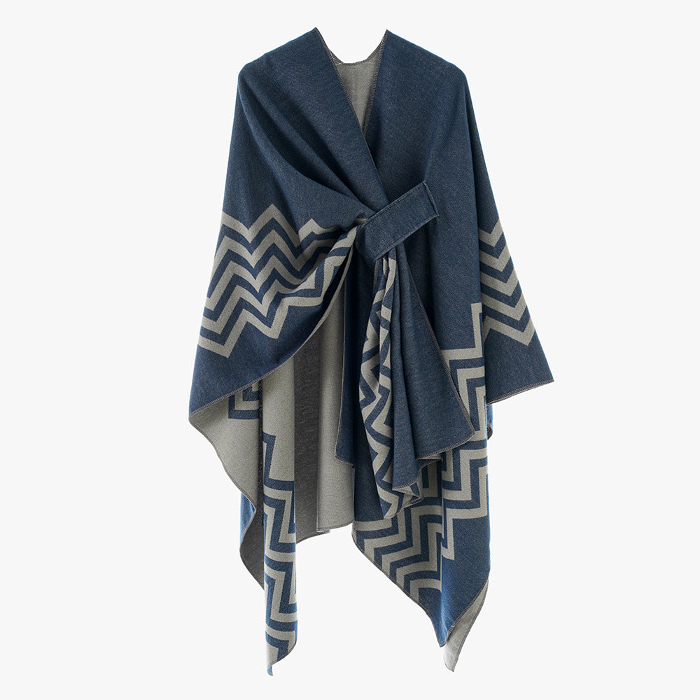 Damen Oversize Rechteck-Cape mit Jacquard-Zickzackmuster und Bindegürtel Shop Nory