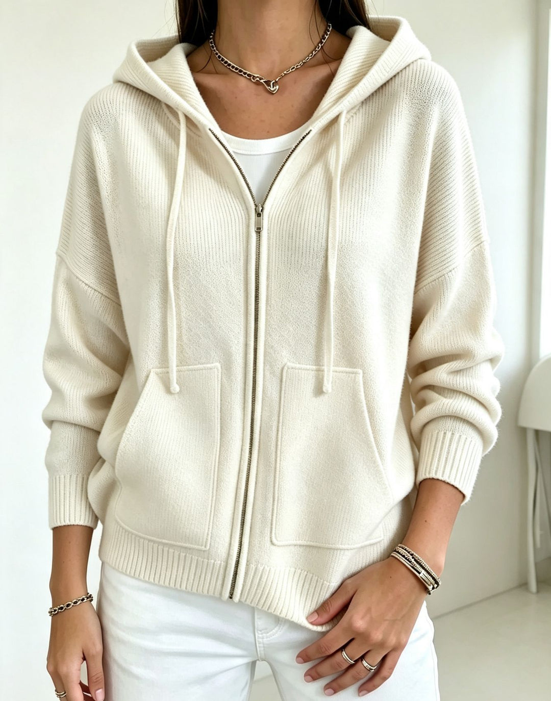Damen Kapuzen-Wollmix Zip-Cardigan mit kastiger Passform und Kängurutaschen Shop Nory