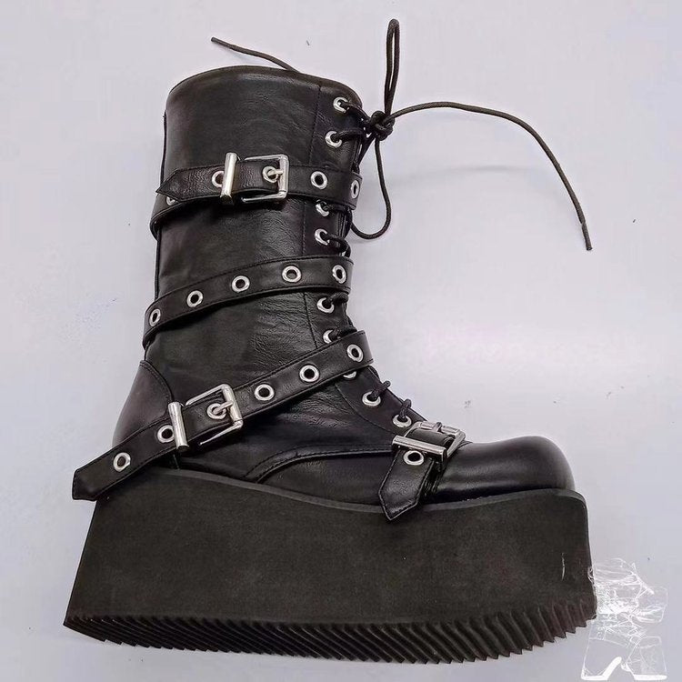 Damen nan hochschaftige Gothic Plateau-Boots mit mehrfachen Metallschnallen, Ösen und seitlichem Reißverschluss Shop Nory