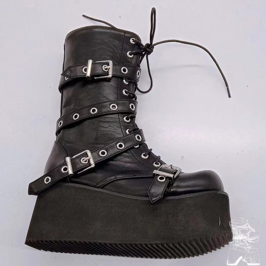 Damen nan hochschaftige Gothic Plateau-Boots mit mehrfachen Metallschnallen, Ösen und seitlichem Reißverschluss Shop Nory