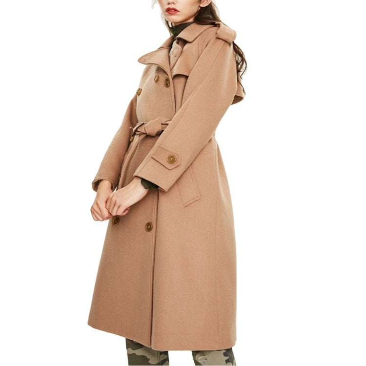 Damen Midilanger Doppelreihiger Wollmix‑Trenchcoat mit Epauletten und Taillengürtel Shop Nory
