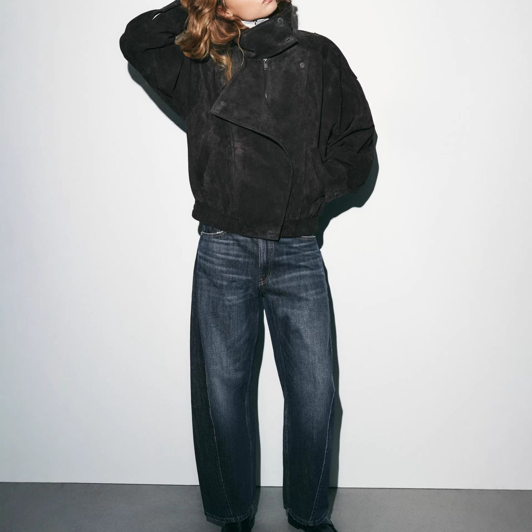 Damen Lässige Wildlederjacke mit hohem Kragen