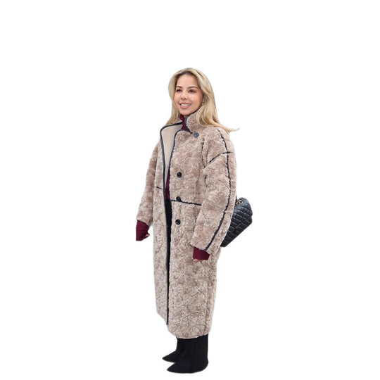 Damen Langer Teddy‑Mantel mit Kontrastnähten, Stehkragen und Knopfleiste Shop Nory