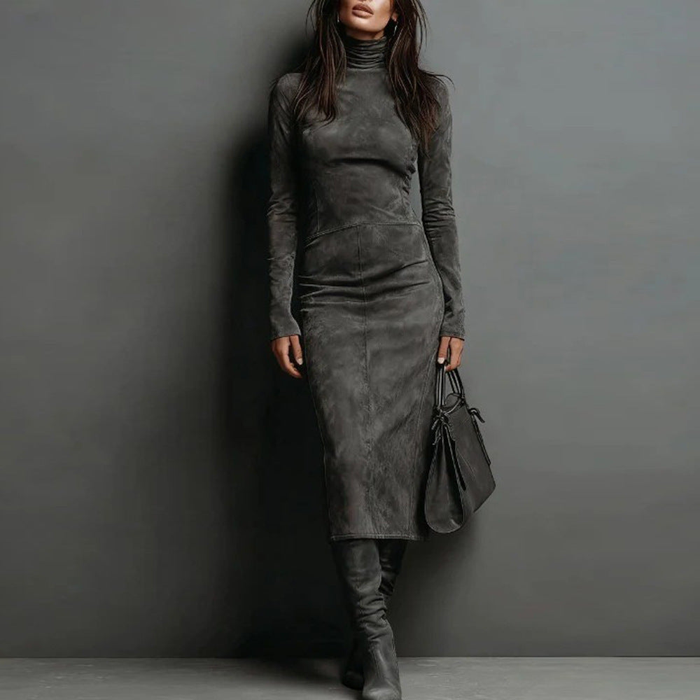 Damen Tailliertes Midi Kleid im Samt-Look mit Rollkragen und maßgeschneiderter Silhouette Shop Nory