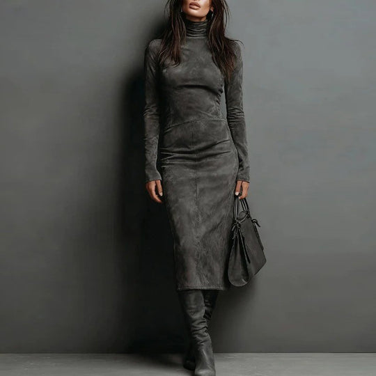 Damen Tailliertes Midi Kleid im Samt-Look mit Rollkragen und maßgeschneiderter Silhouette Shop Nory