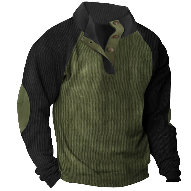 Herren Strukturiertes Raglan-Henley-Pullover mit Stehkragen, Ellenbogenpatches & Knopfleiste Shop Nory