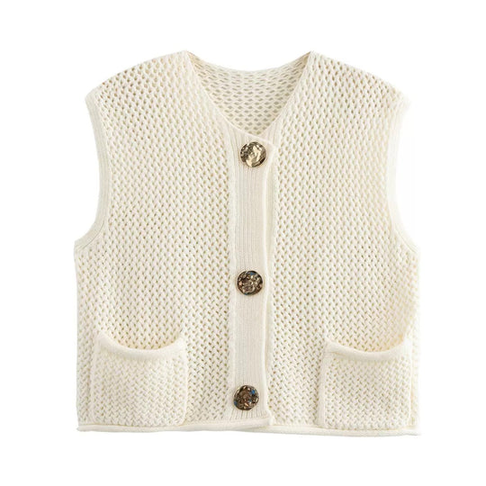 Damen gehäkelte Strickweste mit großen Zierknöpfen und Aufsatztaschen Shop Nory