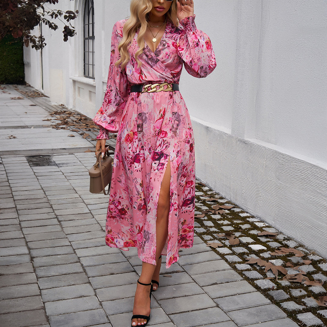 Damen nan Wickelmidikleid mit V-Ausschnitt, Ballonärmeln und taillierendem Gürtel Shop Nory