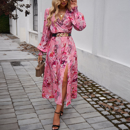 Damen nan Wickelmidikleid mit V-Ausschnitt, Ballonärmeln und taillierendem Gürtel Shop Nory