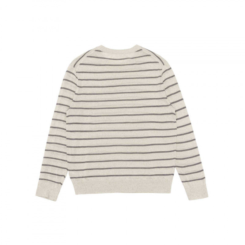 Unisex Leichter Feinstrickpullover mit Rundhalsausschnitt, feinen Querstreifen und geripptem Saum Shop Nory