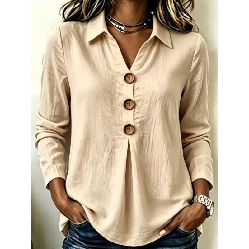 Damen Langarm-Bluse mit Holzknopfleiste und Vorderfalte Shop Nory