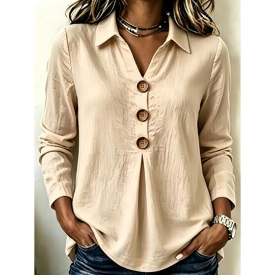 Damen Langarm-Bluse mit Holzknopfleiste und Vorderfalte Shop Nory