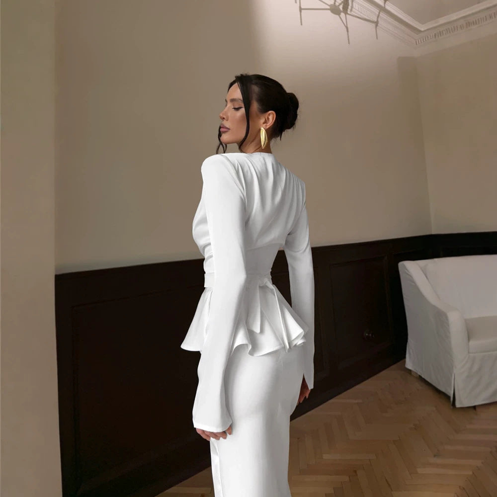 Damen Tailliertes Abendkleid mit Peplum‑Taille und langen Ärmeln Shop Nory