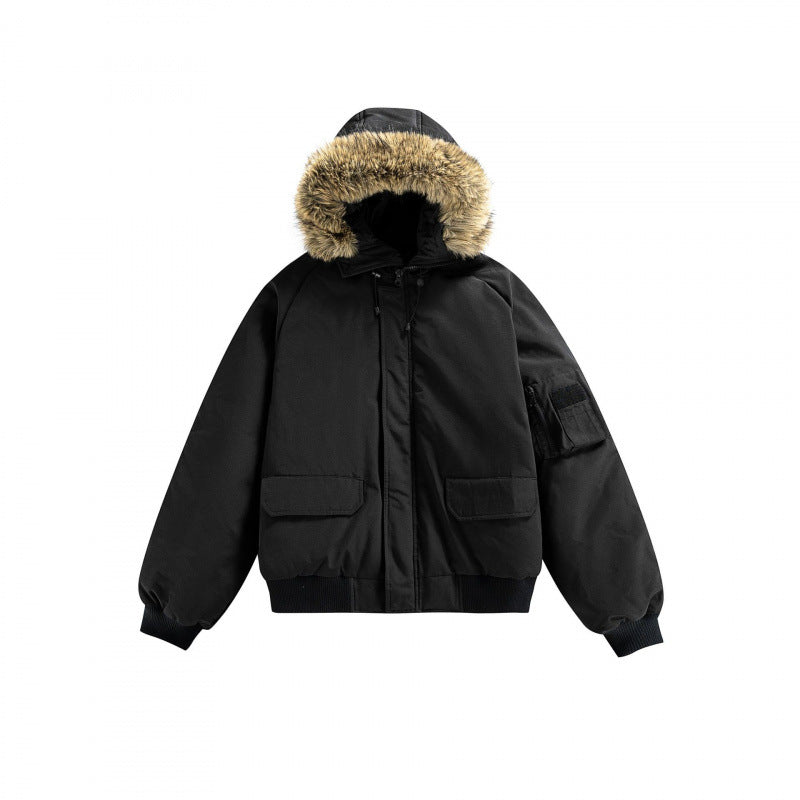 Unisex Wattierte Bomberjacke mit Kunstfellkapuze, geripptem Saum und Utility-Taschen Shop Nory