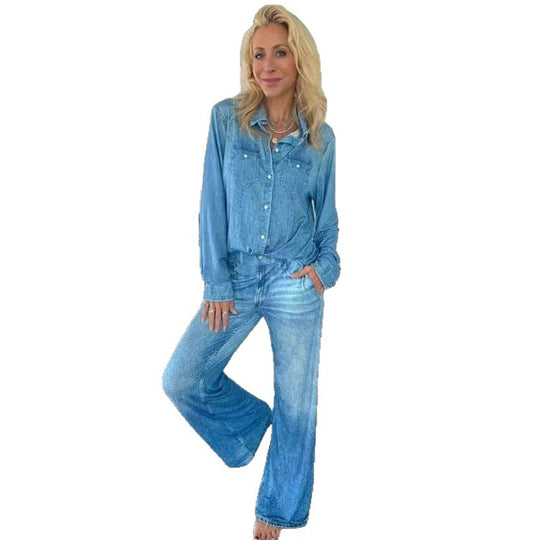 Damen Entspanntes Denim Loungewear-Set mit Übergröße Hemd und Weiten Schlaghosen Shop Nory