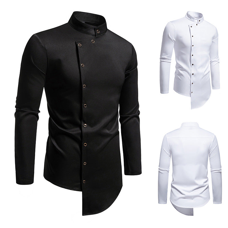 Herren modern geschnittenes Langarmhemd mit asymmetrischer Knopfleiste und Stehkragen Shopnory