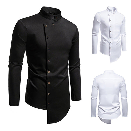 Herren modern geschnittenes Langarmhemd mit asymmetrischer Knopfleiste und Stehkragen Shopnory