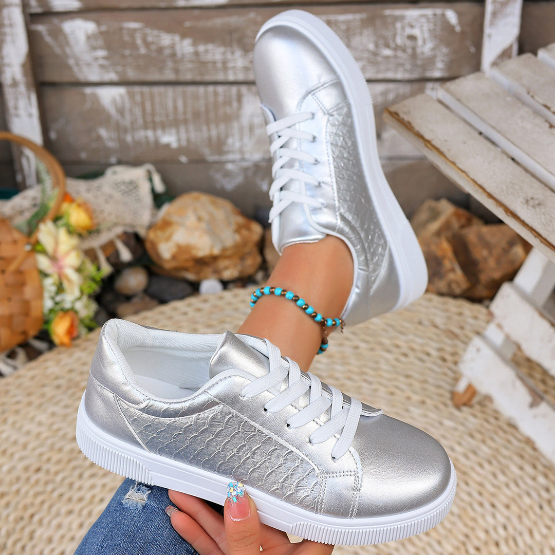 Damen Glänzende Sneaker mit Krokoprägung, gepolstertem Fußbett und rutschfester Profilsohle Shop Nory