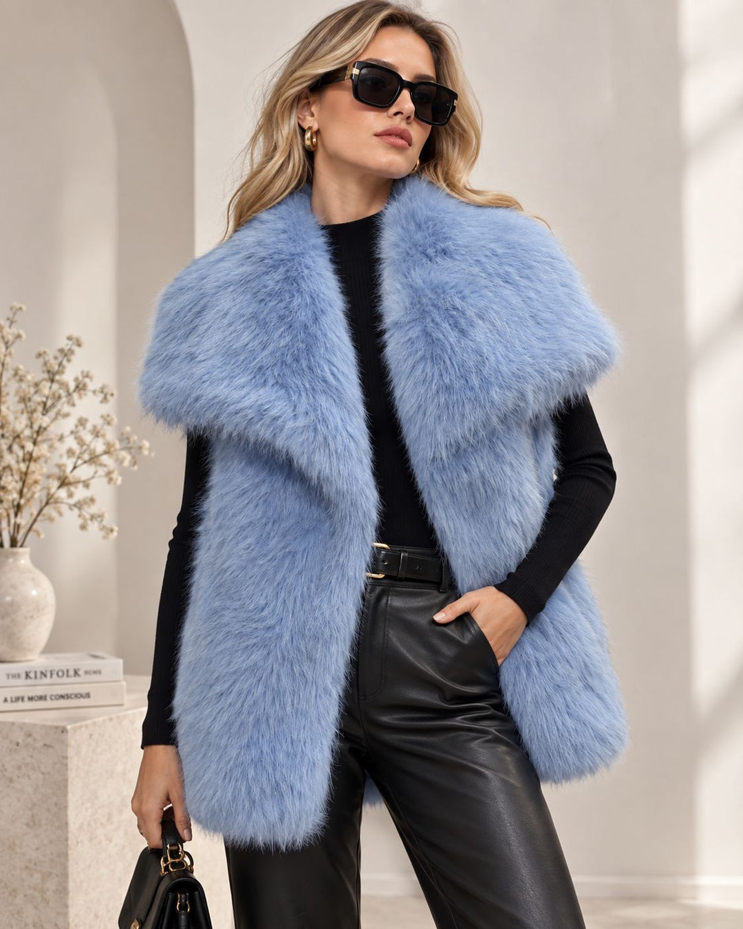 Damen Ärmellose Luxus‑Faux‑Fur‑Weste mit extraweichem Langflor und übergroßem Schalkragen Shop Nory