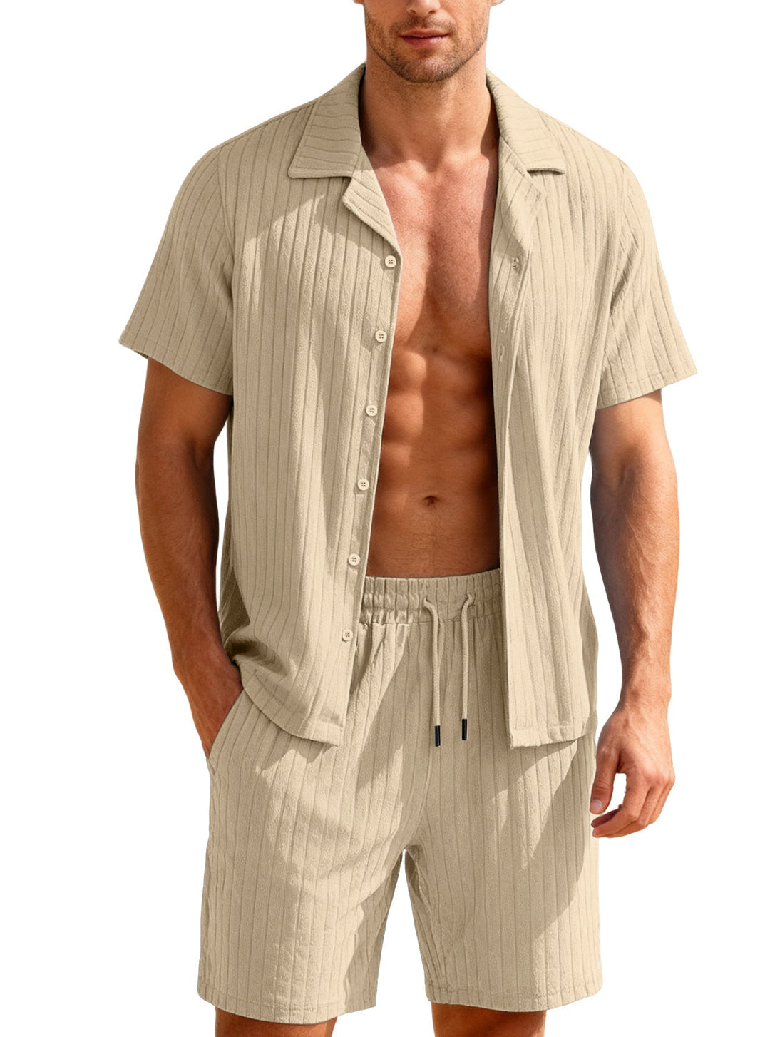 Herren nan geripptes Feinstrick-Lounge-Set mit kurzärmligem Revershemd und Kordelshorts